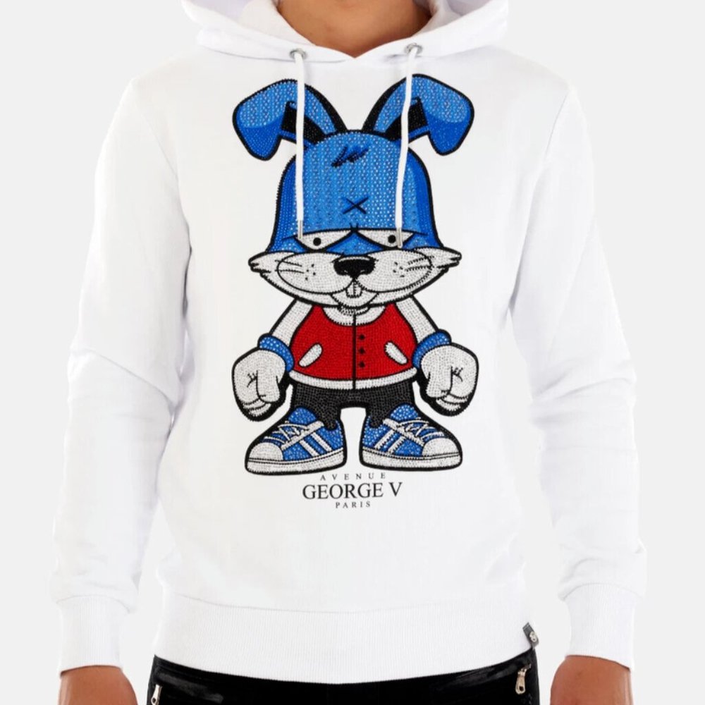 Avenue George V Paris Men's White Hoodie Bunny Pullover Sweatshirt Rhinestone